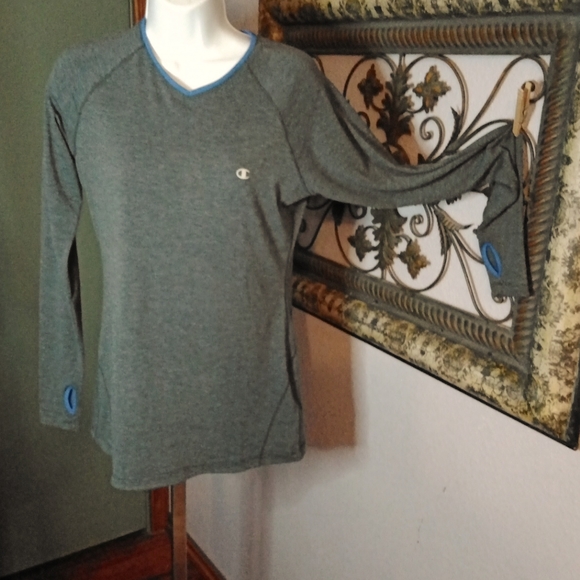 Champion grey variegated long sleeve athletic tee with thumb holes Sz M - Picture 1 of 10
